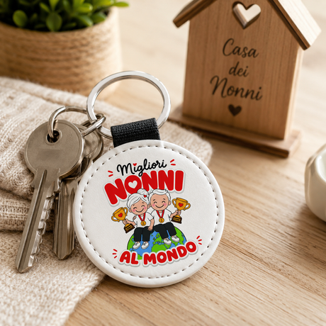 Portachiavi rotondo “Migliori Nonni al mondo” con anello e chiavi, cinturino nero