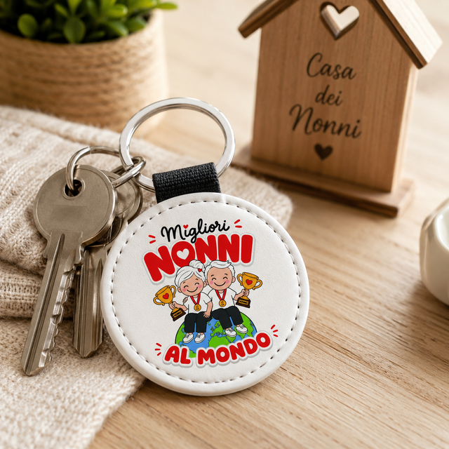 Portachiavi rotondo “Migliori Nonni al mondo” con anello e chiavi, cinturino nero