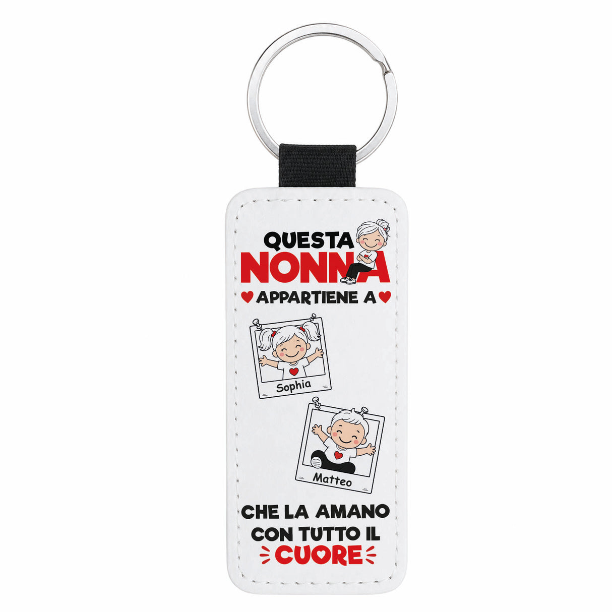 Portachiavi bianco con scritta "Questa Nonna" e nomi Sophia e Matteo