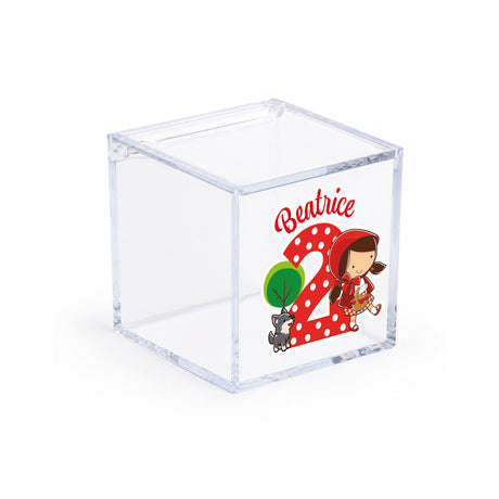 Portaconfetti cubo trasparente con scritta Beatrice e illustrazione Cappuccetto Rosso