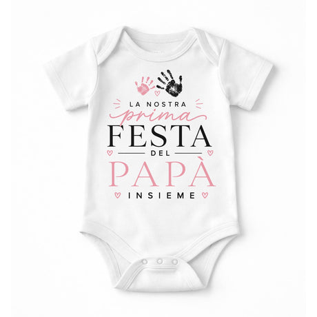 Body neonato bianco con scritta Festa del Papà Insieme rosa e impronte