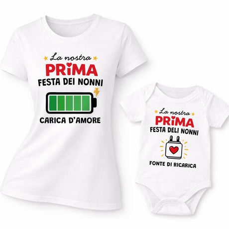 Set maglietta nonna e body bimbo bianchi con scritta “Prima Festa dei Nonni”