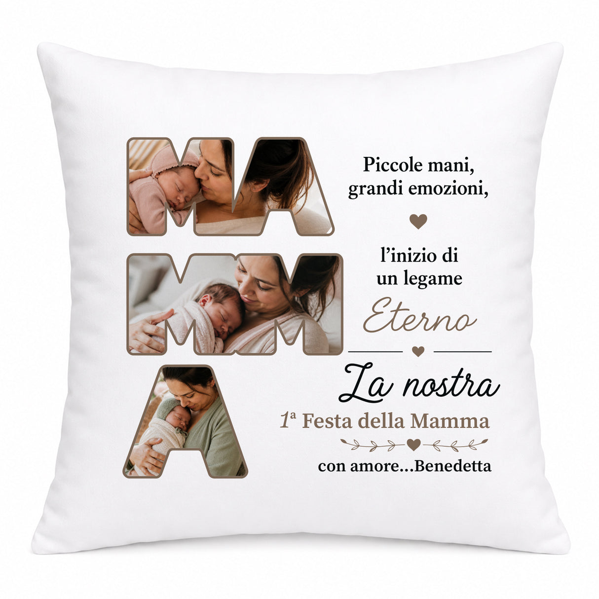 Cuscino personalizzato bianco con collage foto e testo “La nostra Eterna”