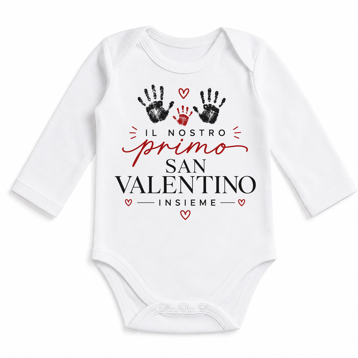 Body neonato bianco maniche lunghe con stampa cuore e impronte San Valentino