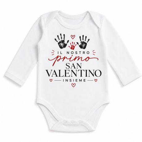 Body neonato bianco maniche lunghe con stampa cuore e impronte San Valentino
