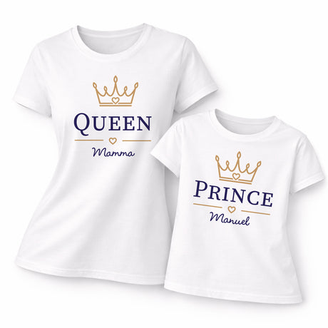 Coppia di t-shirt bianche: QUEEN Mamma e PRINCE Manuel con corona dorata