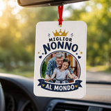 Profumatore per auto quadrato bianco appeso con foto e scritta «Miglior Nonno al Mondo»