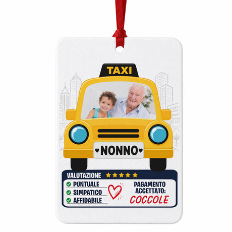 Profumatore auto quadrato bianco con foto di nonno, grafica Taxi e cordino rosso