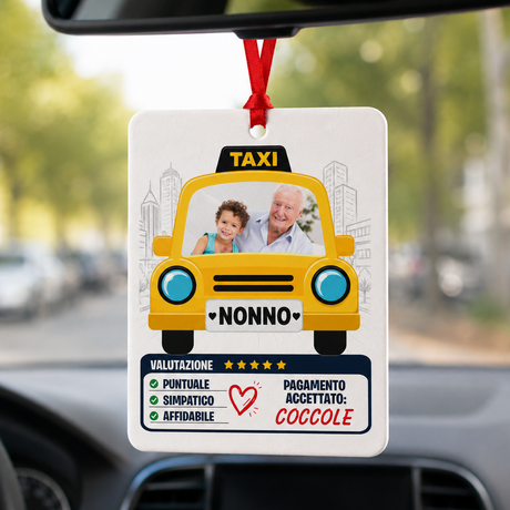 Profumatore auto quadrato bianco con foto, grafica Taxi, stelle e cuore, cordino rosso