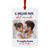 Profumatore auto bianco quadrato con foto e cordino rosso, “Il miglior papà del mondo”