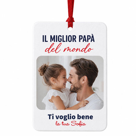 Profumatore auto bianco quadrato con foto e cordino rosso, “Il miglior papà del mondo”
