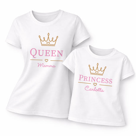 Coppia di t-shirt bianche: QUEEN Mamma e PRINCESS Carlotta con corona dorata