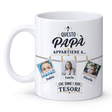 Tazza bianca con tre foto e scritta “Questo papà…”, Fabio, Lucia, Nicola