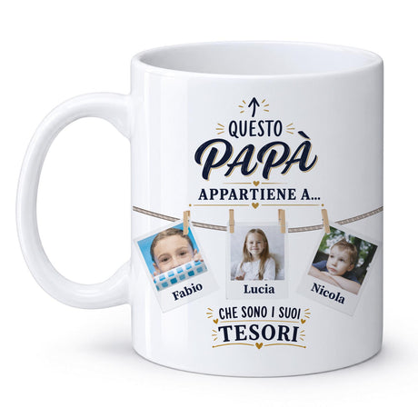 Tazza bianca con tre foto e scritta “Questo papà…”, Fabio, Lucia, Nicola