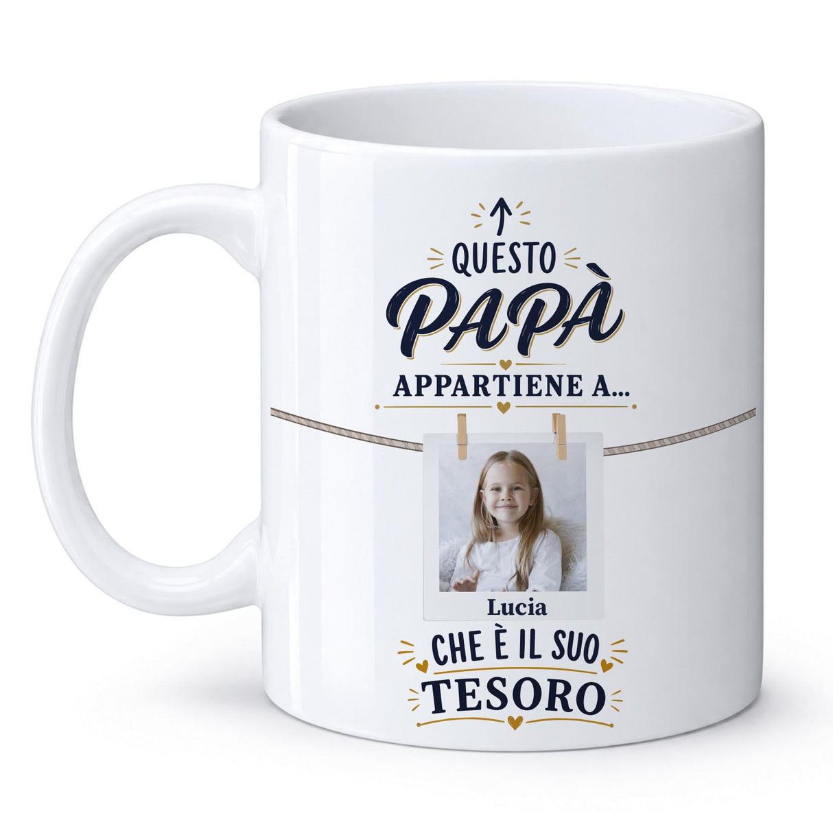 Tazza bianca personalizzata con foto e scritta “Questo papà appartiene a…”, Lucia