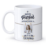 Tazza bianca personalizzata con foto e scritta “Questo papà appartiene a…”, Lucia
