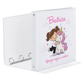 Raccoglitore A4 bianco con copertina: unicorno rosa e nome fucsia, vista laterale