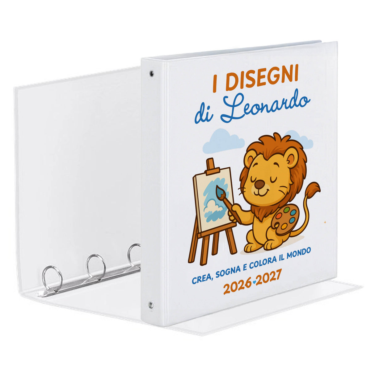 Raccoglitore ad anelli bianco con stampa leone e scritta “I disegni di Leonardo”