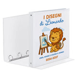 Raccoglitore ad anelli bianco con stampa leone e scritta “I disegni di Leonardo”