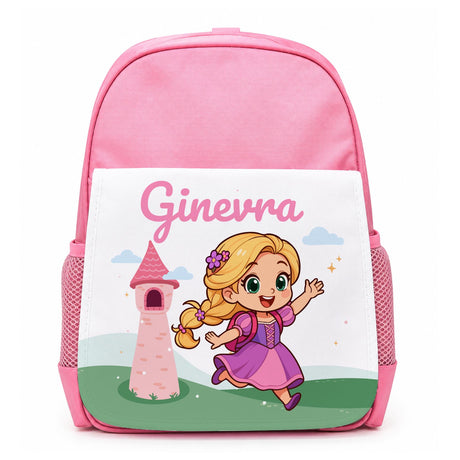 Zainetto rosa personalizzato con stampa Rapunzel e nome Ginevra