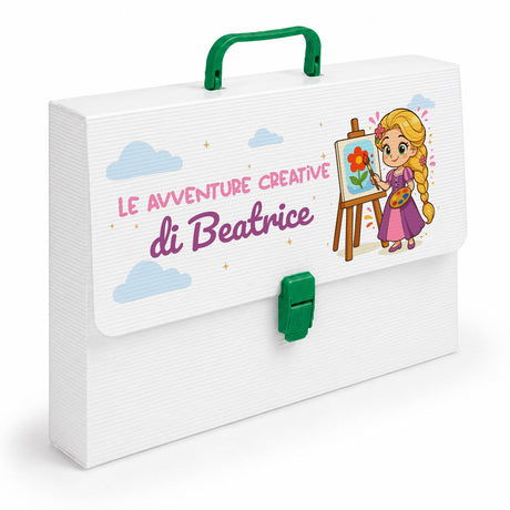 Valigetta porta disegni bianca con maniglia e chiusura verdi, grafica Beatrice