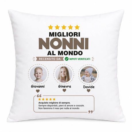 Cuscino bianco «Migliori nonni al mondo» con tre foto e stelle