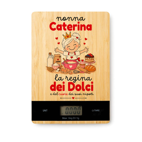 Bilancia digitale da cucina con pannello in legno “Nonna Caterina” e display