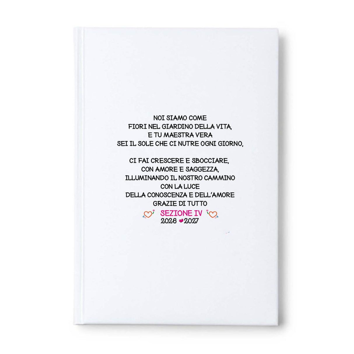 Agenda bianca con testo auguri e cuori rossi sul foglio di copertina