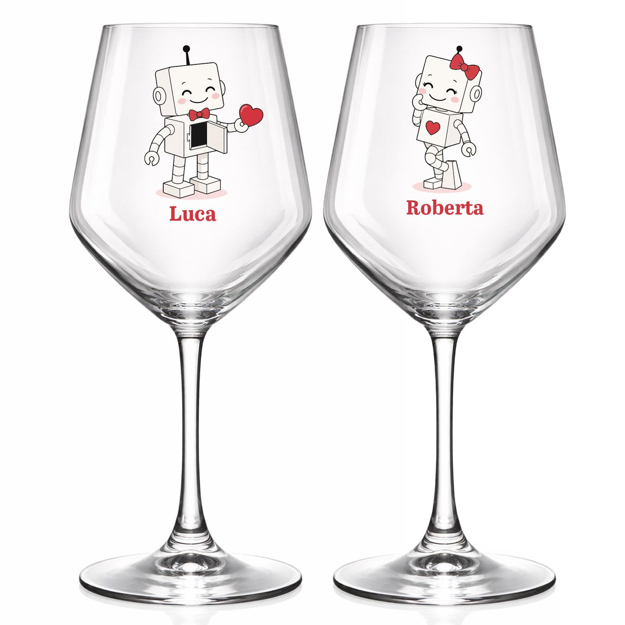 Coppia di calici da vino con robot e scritta Luca e Roberta rosso, su sfondo chiaro