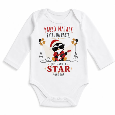 Body neonato bianco maniche lunghe con grafica pinguino rock e scritta natalizia