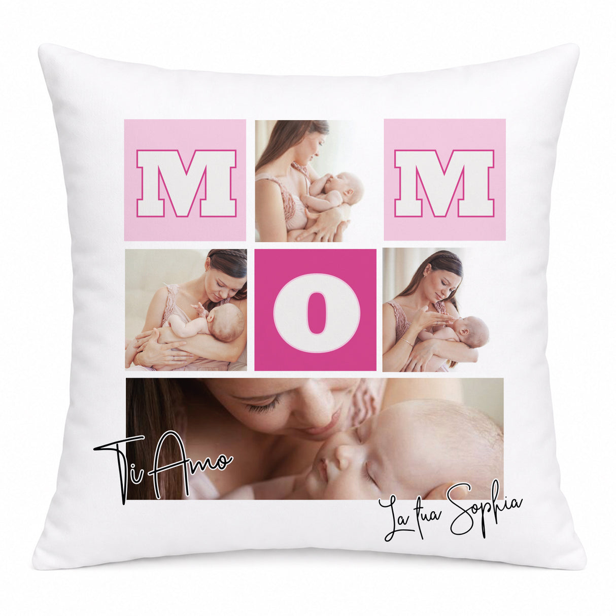 Cuscino bianco con collage foto e lettere rosa M M O, scritte Ti Amo e la tua Sofia