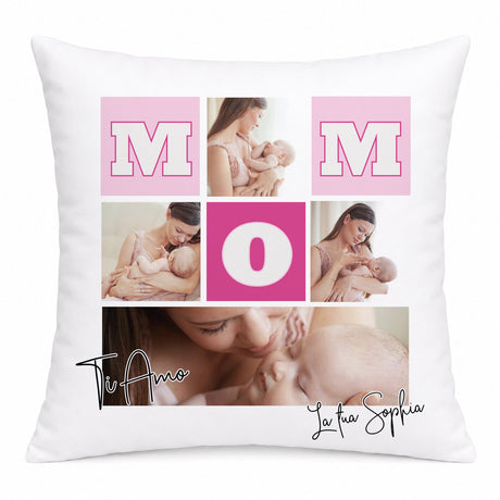 Cuscino bianco con collage foto e lettere rosa M M O, scritte Ti Amo e la tua Sofia