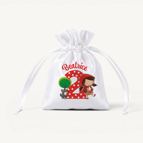 Sacchetto portaconfetti bianco con coulisse, stampa Cappuccetto Rosso e nome Beatrice