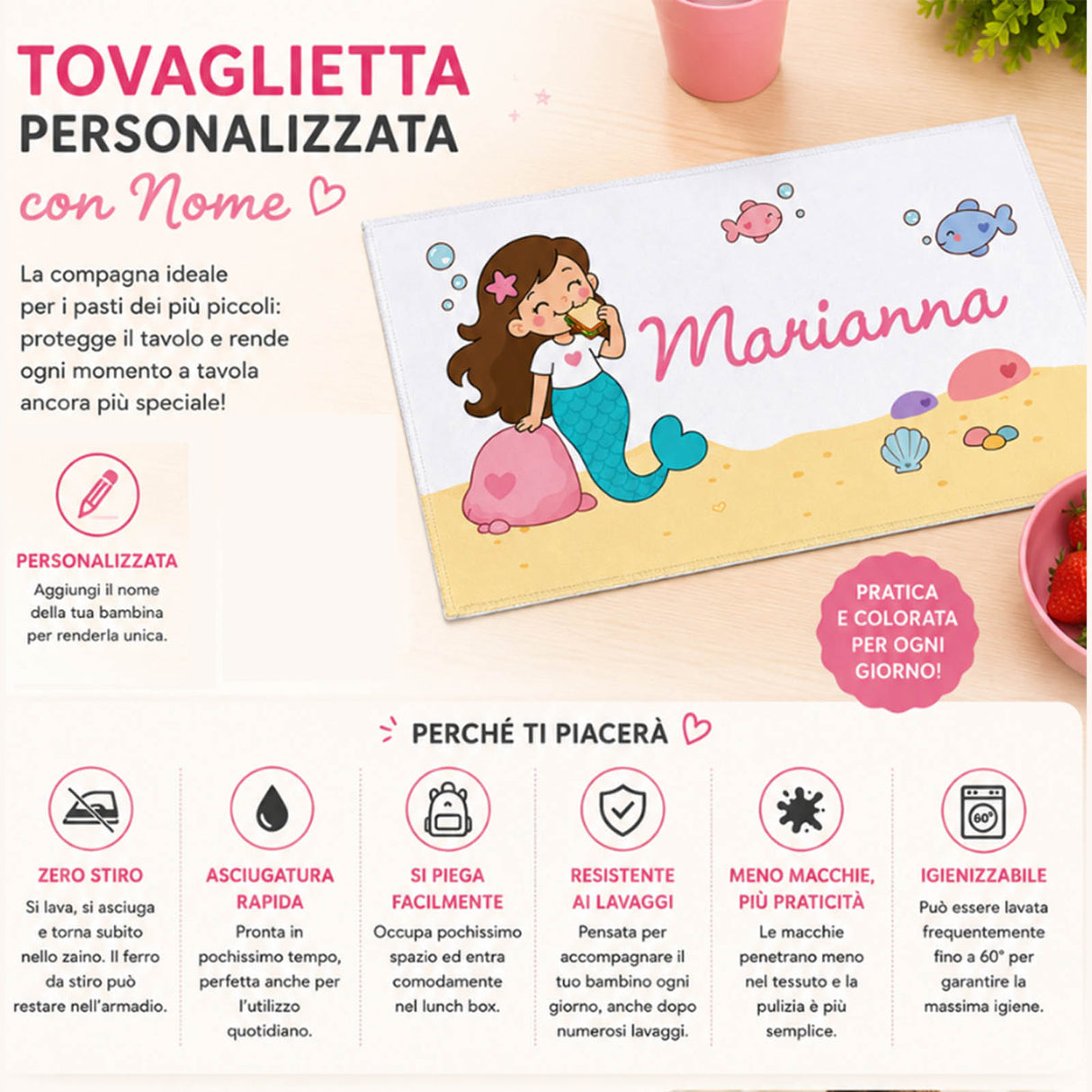 Tovaglietta personalizzata rettangolare con sirene, nome Ludovica e fondo chiaro