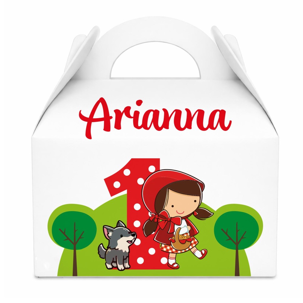 Scatolina bianca con manici, scritta Arianna e illustrazione Cappuccetto Rosso