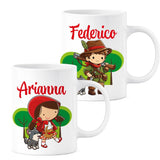 Set di tazze bianche personalizzate con stampa Cappuccetto Rosso e nomi Arianna, Federico