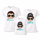 Set di 3 T-shirt bianche coordinate con stampe Diva e Bodyguard, stile papà-mamma-figlia