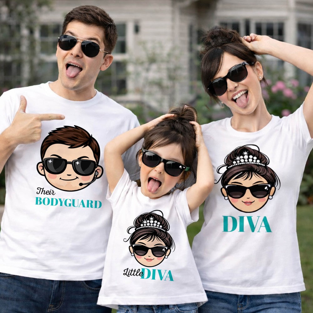 Set T-shirt bianche coordinate con stampe Diva/Bodyguard per papà, mamma e figlia