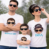 Set t-shirt family bianche con stampe “DIVA” e “BODYGUARD” per papà, mamma e figlio