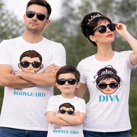 Set t-shirt family bianche con stampe “DIVA” e “BODYGUARD” per papà, mamma e figlio
