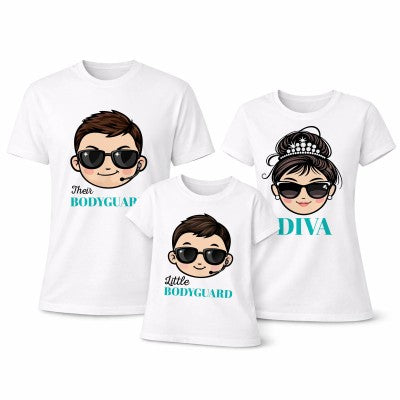 Set 3 t-shirt bianche con stampe cartoon DIVA e BODYGUARD per papà, mamma e figlio