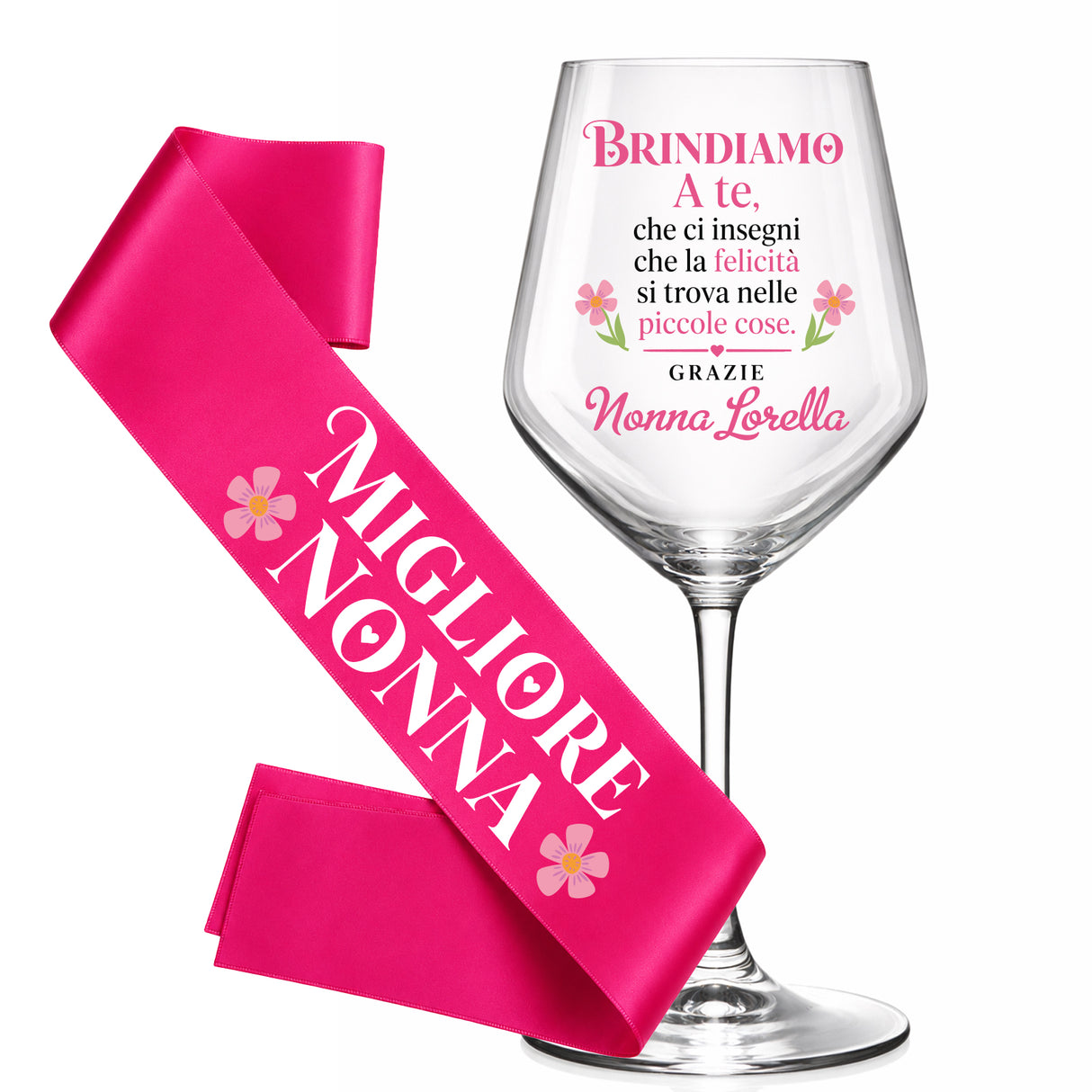 Calice da vino trasparente con scritta e fascia rosa “Migliore Nonna”