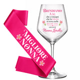 Calice da vino trasparente con scritta e fascia rosa “Migliore Nonna”