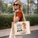 Shopper in tela beige con manici e stampa illustrata “d’arte”