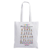Borsa shopper bianca con manici e stampa colorata con nomi alunni e maestra