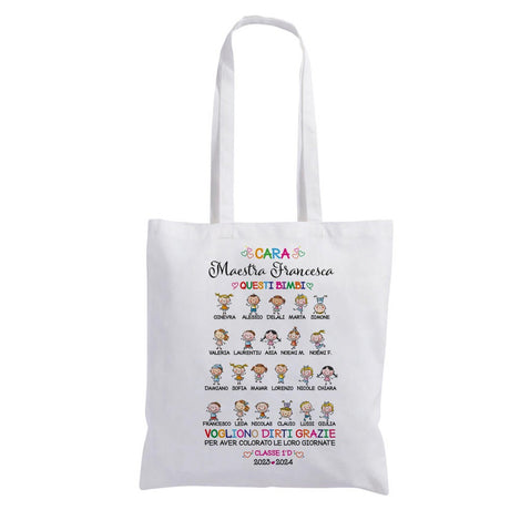 Borsa shopper bianca con manici e stampa colorata con nomi alunni e maestra