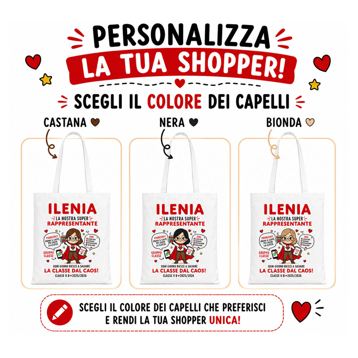 Tre shopping bag bianche con “ILENIA” e colori capelli: castana, nera, bionda