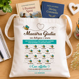 Shopper personalizzata bianca con stampa Maestra Giulia e cuore, manici in tessuto