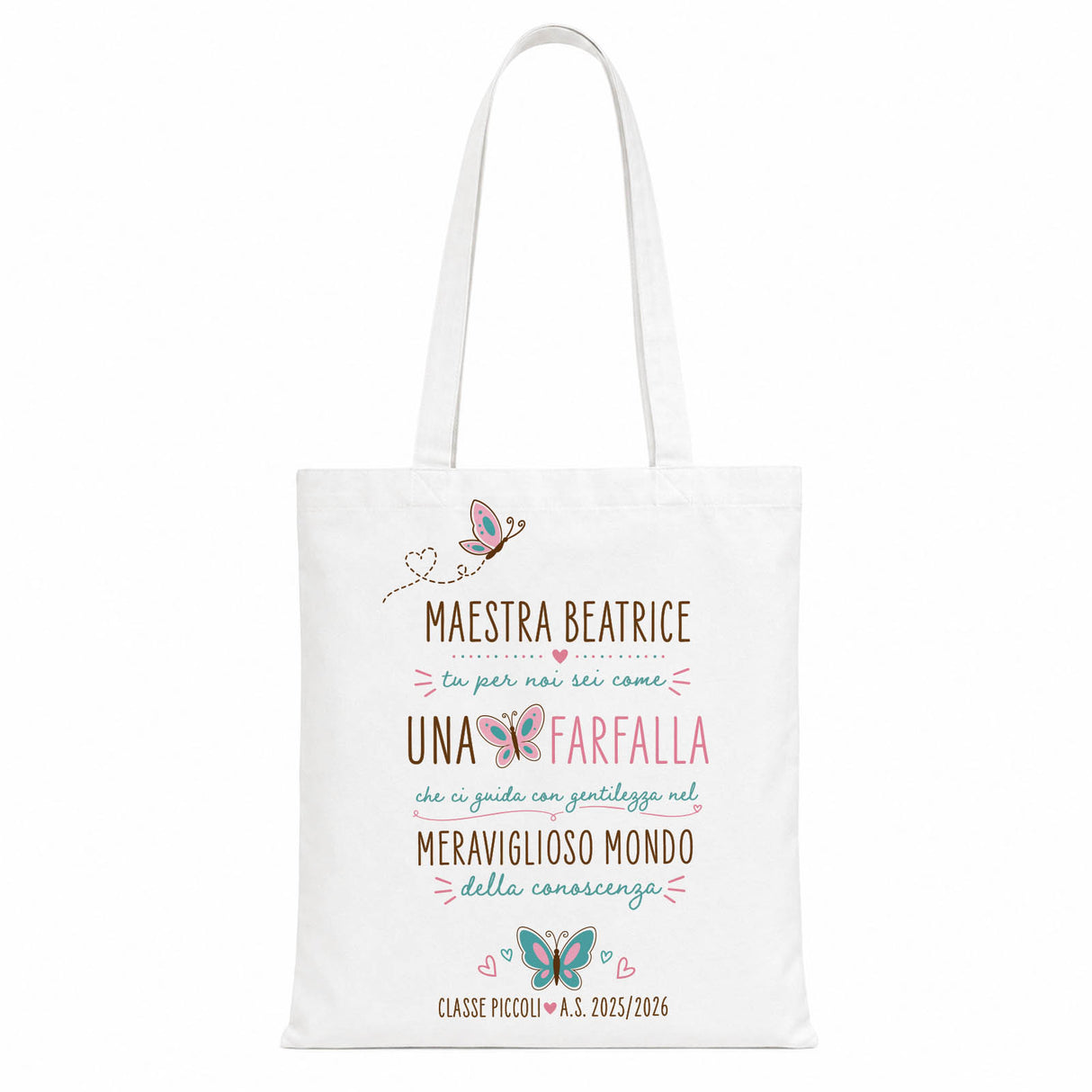 Tote bag personalizzata bianca con stampa colorata di farfalle e testo per maestra.