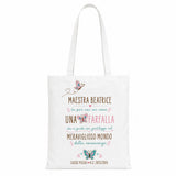 Tote bag personalizzata bianca con stampa colorata di farfalle e testo per maestra.